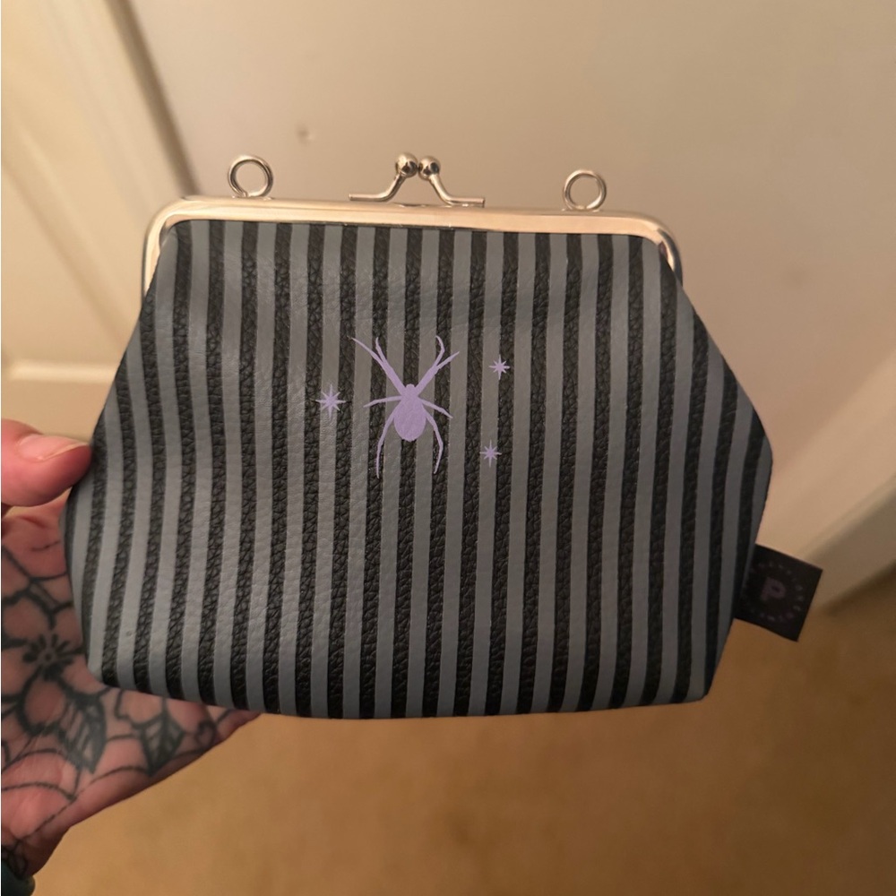 Profusion Cosmetics Black & Gray Striped Clasp Bag with Purple Spider Detail